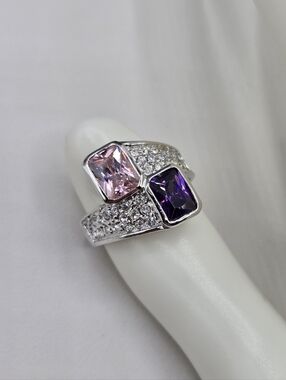 Swarovski Crystal Elements Silver Statement Ring Pink Purple Size 7 Wedding